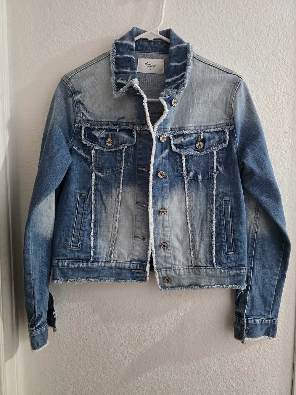 KanCan Raw Edges Light and Medium Blue Distressed Denim Jacket